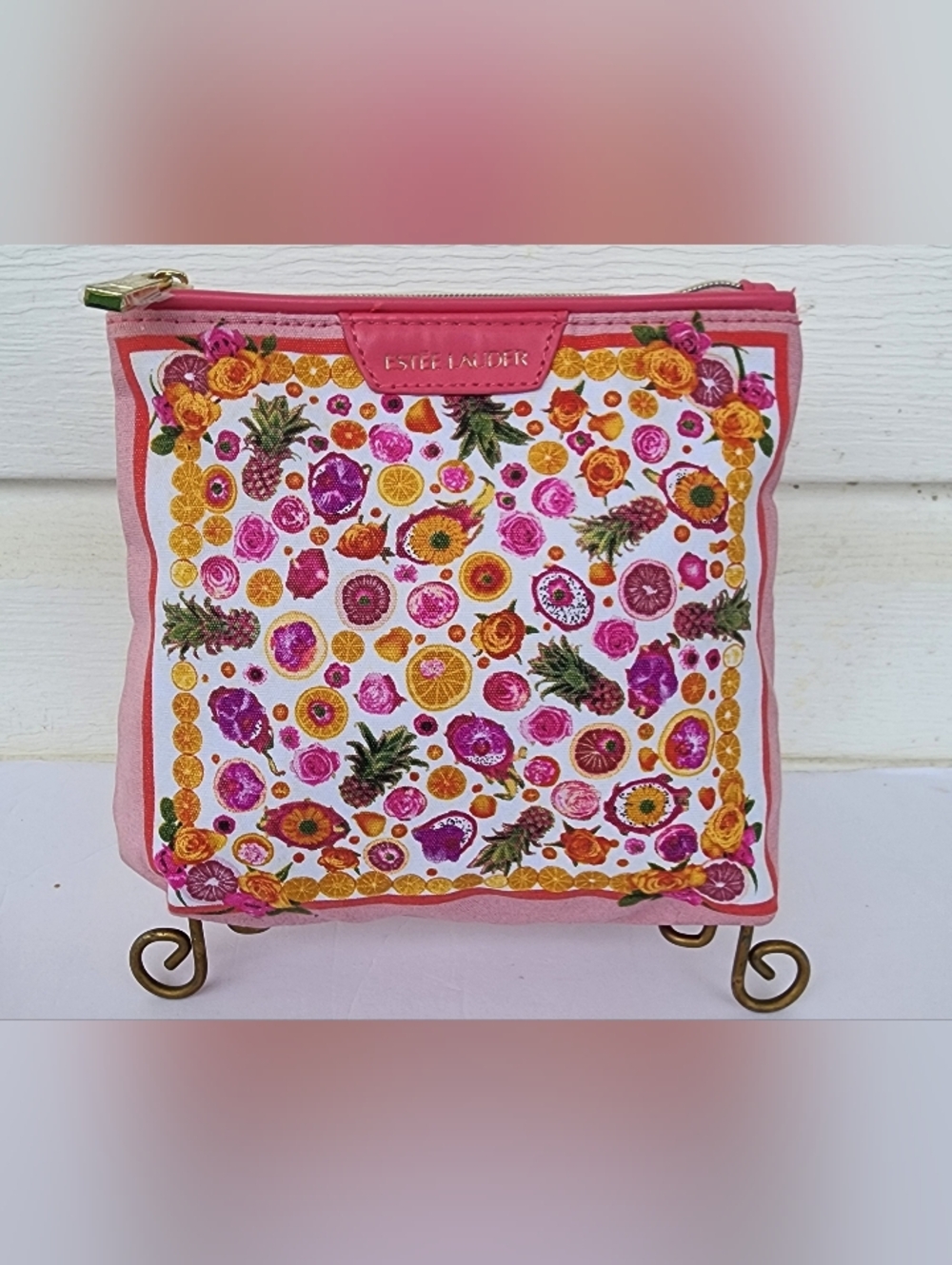 NWT Estee Lauder Pink Orange Floral & Citrus Gold Zip Cosmetic Pouch!!